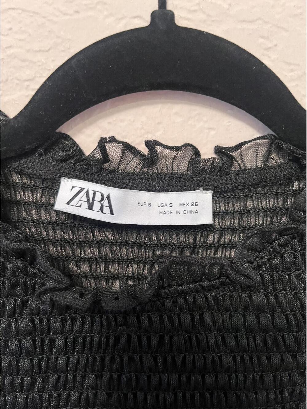 Zara Black Smocked Sleeveless Ruffle Trim Crop Top - Picture 3 of 7